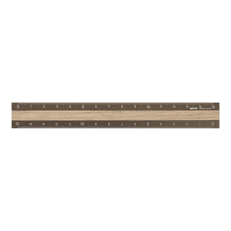 Midori Aluminum and Wooden 15cm Ruler - Brown